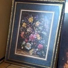 Sale Photo Thumbnail #22: Framed floral still life print in a dark double mat and ornate metallic frame.