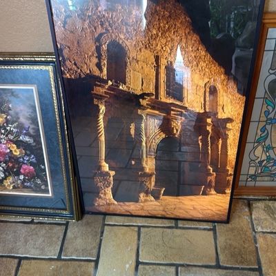 Sale Photo Thumbnail #23: Large framed photograph depicting warm light on stone architecture, displayed alongside other framed art.