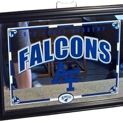 Sale Photo Thumbnail #17: Framed Air Force Academy Falcons mirrored wall sign in a black frame with hanging bracket.