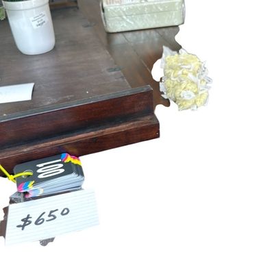 Sale Photo Thumbnail #14: Vintage dark wood tray and table displaying decorative items, priced at $650.