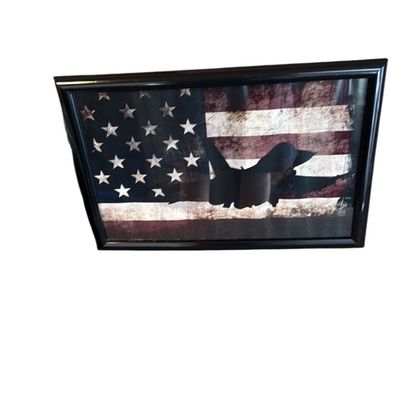 Sale Photo Thumbnail #48: Framed military wall art featuring the silhouette of a fighter jet superimposed over a distressed American flag design.