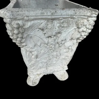 Sale Photo Thumbnail #385: Heavy square cast concrete/stone garden planter featuring raised embossed grapevine and cluster motifs with scroll footed base.  