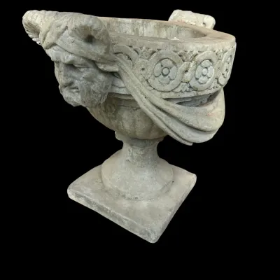 Sale Photo Thumbnail #388: Classical pedestal urn planter featuring high-relief carved bearded mask/Bacchus face side handles  drape  egg-and-dart rim  and heavy square plinth base.  