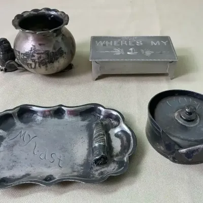 Vintage silverplate Stamp Holder, Aluminum Tack Box And More 