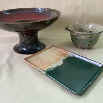 Pottery Compote Bowl With Strainer And Appetizer Platter 