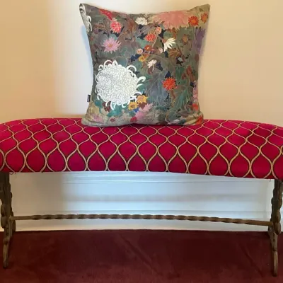 Vintage Cast Iron Pink, Gold, And Black Upholstered Bench (17” H X 43” W X 14” D)