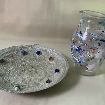 Art Glass Pitcher From Daniel Gaumer Double Vision Studio & Pewter Platter