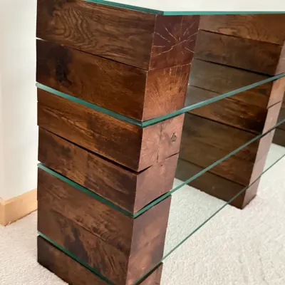 Sale Photo Thumbnail #38: Brutalist Style Glass Shelf Console Table - Moveable Wood Block Supports