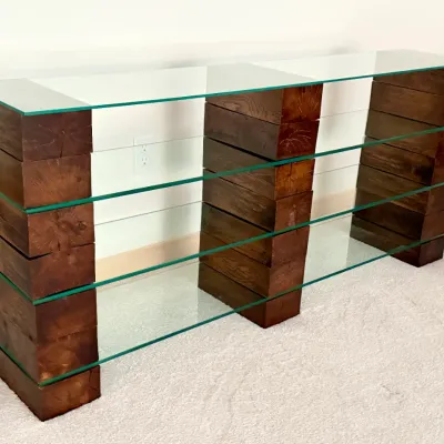 Sale Photo Thumbnail #37: Brutalist Style Glass Shelf Console Table - Moveable Wood Block Supports