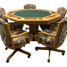 Sale Photo Thumbnail #18: Octagonal oak poker and game table set with green felt top and built-in cup holders, paired with five matching wheeled armchairs in patterned upholstery. Dimensions: 55" diameter x 30" H