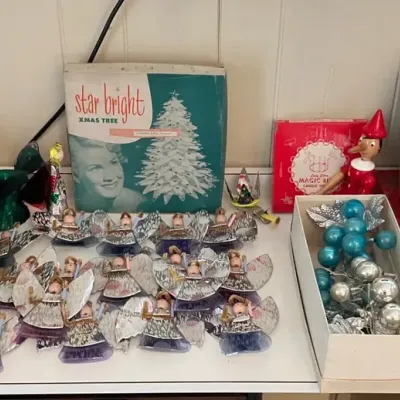 Vintage Aluminum Foil Ornaments and Light Reflectors and Other Christmas Decorations