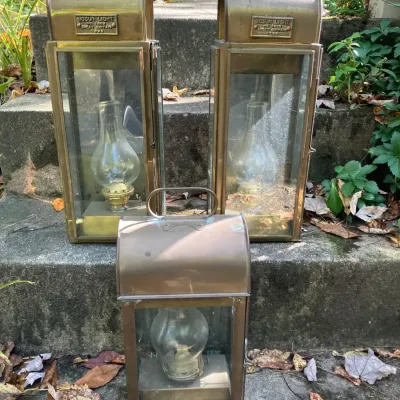 2 Bosun Light No.1889 Brass Oil Lanterns and 1 Carriage Lantern (Not Brass)