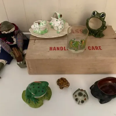 8 Dancing Frogs Couroc Company Glasses, Dept 56 Doll, and Frog FIgurines