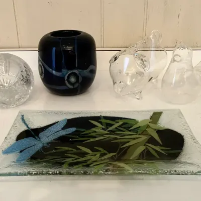 Signed Art Glass Vase, Peggy Karr Fused Glass Tray, Clear Sphere Glass Ashtray, and Glass Sculptures