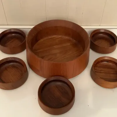 MCM Dansk Teak Wood Salad Bowl with 5 Side Bowls 