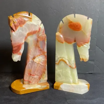 Carved Stone Horse Head Book Ends 