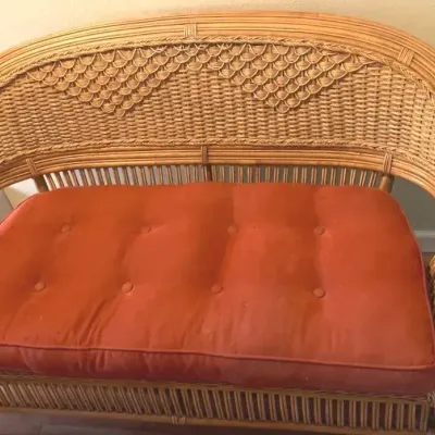 Lovely Vintage Rattan Loveseat with Burgundy Cushion