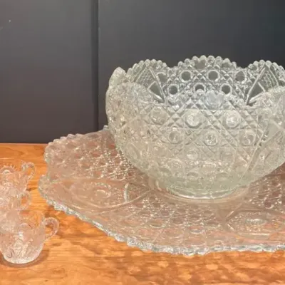 Crystal Punchbowl Platter And Cups