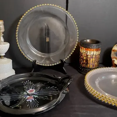 Studio Art Pottery Tray with Milk Glass Lamp and Chargers