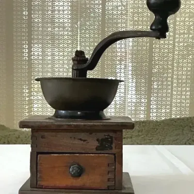 Vintage Hand-Crank Coffee Grinder with Wooden Drawer