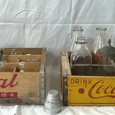 Antique & Vintage Glass Bottles, Coca-Cola & Crystal Club Wooden Crates Lot
