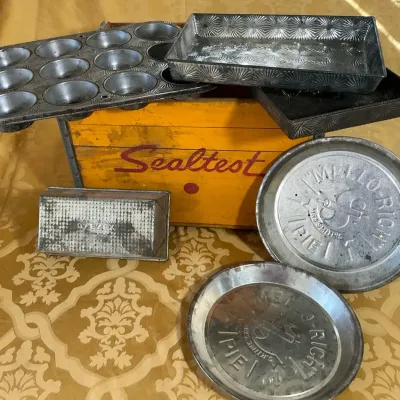 Vintage Baking Pans & Sealtest Wooden Milk Crate - Lot Of 7