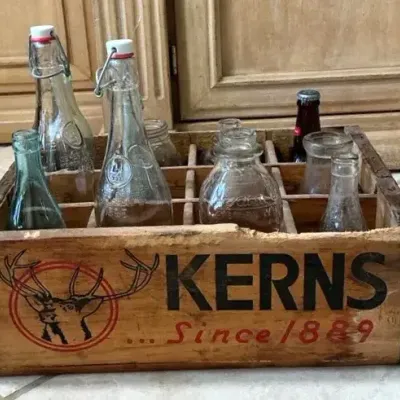 Vintage Kerns Wooden Bottle Crate with 12 Assorted Antique Glass Bottles