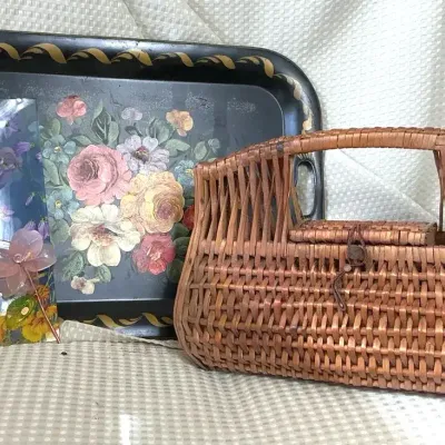 Vintage Wicker Basket, Floral Serving Tray & Decorative Glass Art Lot
