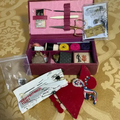 Vintage Sewing Box with Sewing Notions & Accessories