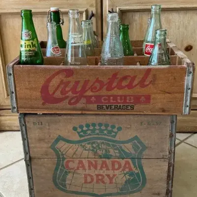 Vintage Crystal Club & Canada Dry Wooden Beverage Crates with Assorted Collectible Soda Bottles