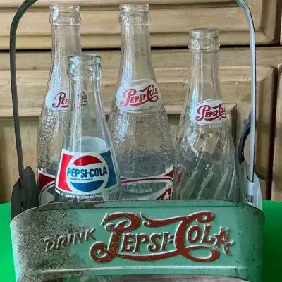 Vintage Pepsi-Cola Metal Bottle Carrier with 4 Collectible Glass Bottles
