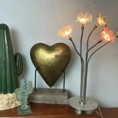 Decorative Cactus, Glass Sculpture, Metal Heart & Floral Table Lamp