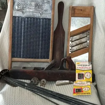 Antique & Vintage Washboards, Wooden Tools and Household Utility Lot