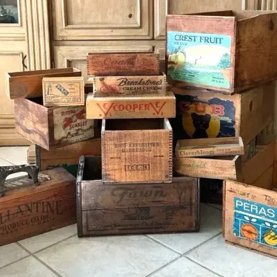 Collection of Vintage Wooden Advertising Crates – Fruit, Dairy & Beverage