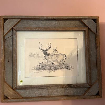 Sale Photo Thumbnail #81: Framed black-and-white wildlife print depicting a deer family, housed in a rustic weathered wood frame.