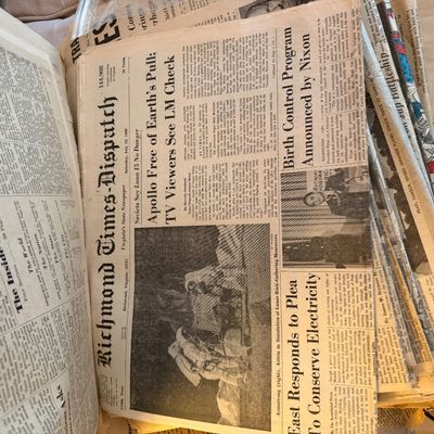 Sale Photo Thumbnail #17: Collection of vintage newspapers featuring the Richmond Times-Dispatch, including Apollo moon landing coverage from July 19, 1969.