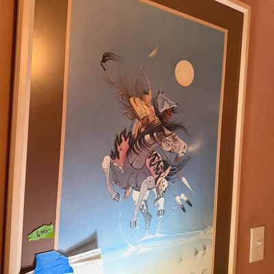 Sale Photo Thumbnail #82: Framed Native American art print depicting a rider on horseback, professionally double-matted in a white frame.