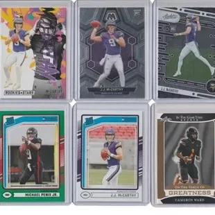 Collection of six modern football trading cards in protective top loader sleeves, featuring rookie players including J.J. McCarthy and...