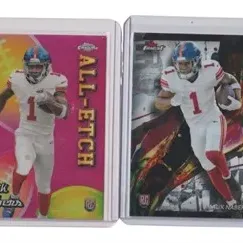 Pair of Malik Nabers rookie football trading cards, including a Topps Chrome All-Etch insert, each housed in protective plastic top-loaders.