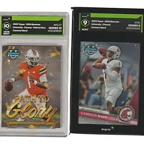 Two Degree-graded Cameron Ward trading cards, including a 2024 Bowman Chrome Path to Glory rated Gem Mint 10 and a 2023 Bowman Chrome...