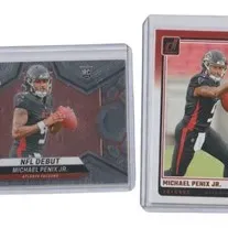 Pair of Michael Penix Jr. Atlanta Falcons football rookie cards, including Panini Mosaic NFL Debut and Donruss Rated Rookie Throwback,...