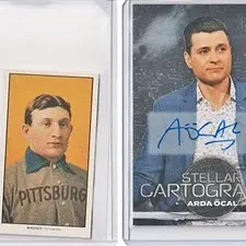 Two trading cards in protective top loaders, including a vintage-style Honus Wagner card and an autographed Arda Öcal Metal Universe...