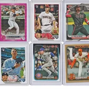 Collection of six modern baseball rookie cards in plastic protective top loader sleeves, featuring players including Steven Kwan, Corbin...
