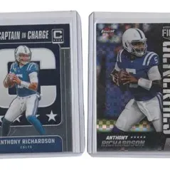 Pair of Anthony Richardson Indianapolis Colts football trading cards in protective top-loader sleeves.