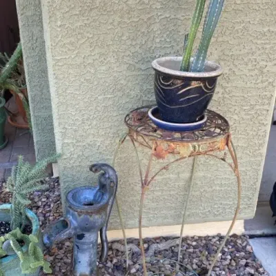 An Old Cast Iron Hand Water Pump And Two Cactus Plants