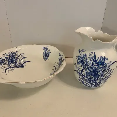 Large Orchid Blue Pattern Pitcher And Bowl
