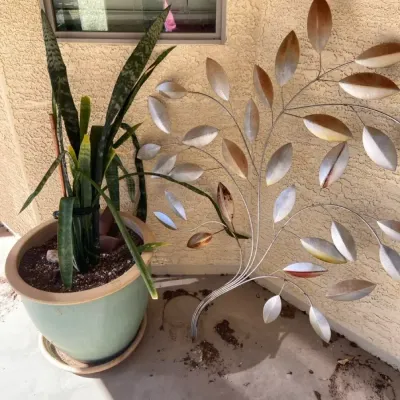 Large Potted Snake Plant And Floral Metal Wall Hanging