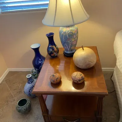 Side Table, Lamp, And Decor