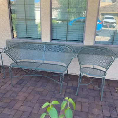Mid-Century Style Wrought Iron Mesh Patio Settee and Matching Chair