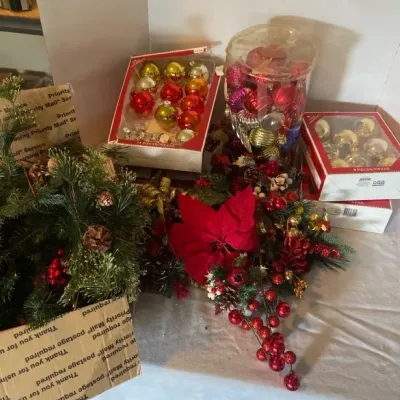 Christmas Baubles Ornaments. Faux Poinsettia And Garland